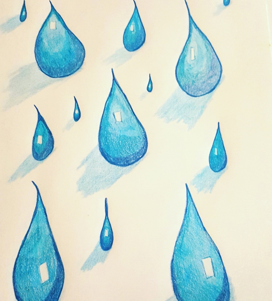 SOLD - Beautiful Blue Drops, Oil Pencil on Paper, Art
